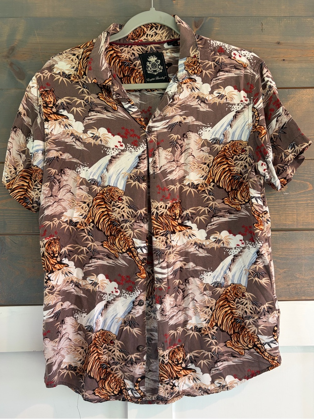 Men’s English Laundry Tiger King Hawaiian Print Button Down Shirt Medium Unique